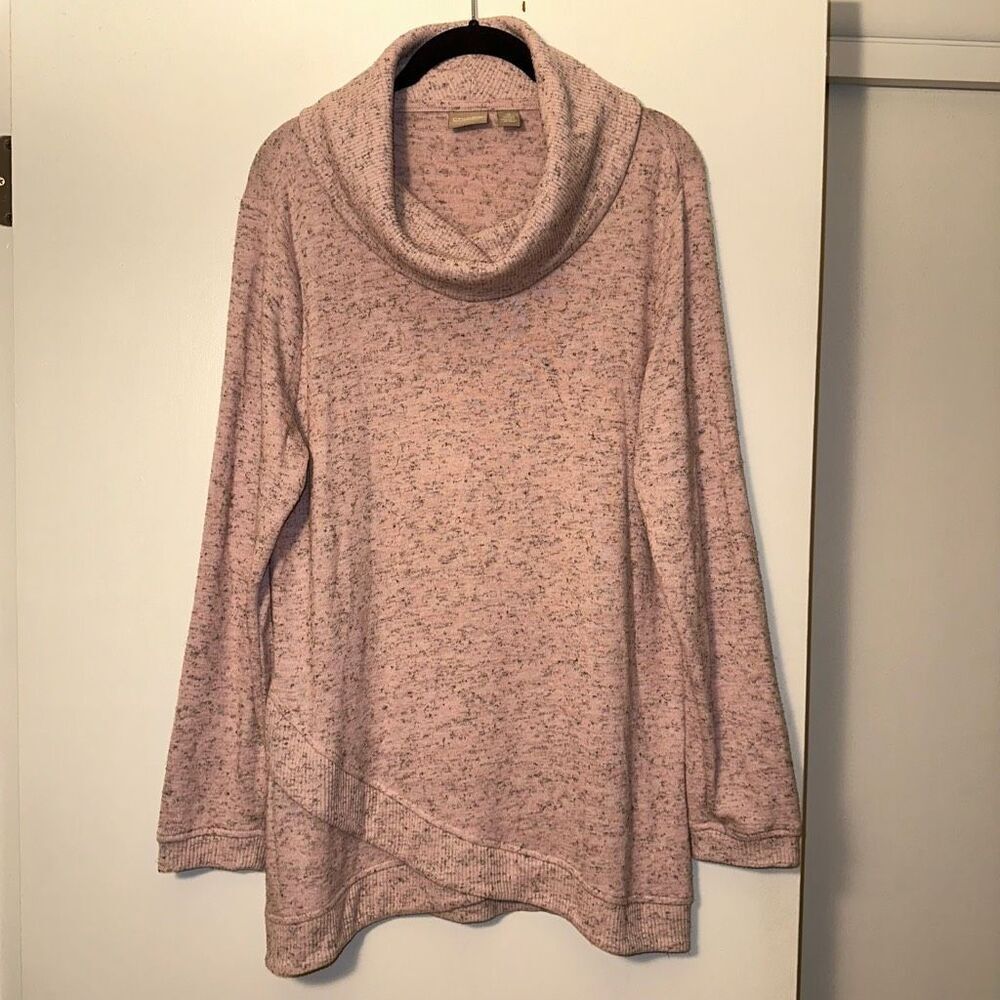 Chicos Asymmetrical Hem Cowl Neck Pink Black Speckle Size 2 (Large) EUC